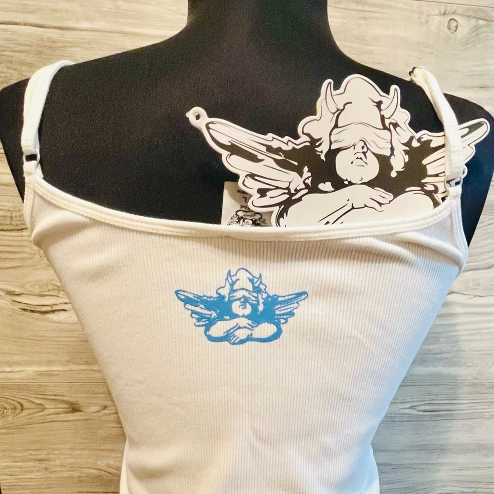 NWT Boys Lie White Ribbed Tank Top Size M/L Crop Top Rhinestone adjustable strap - Picture 7 of 14